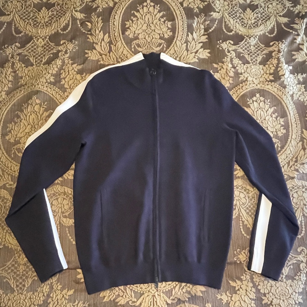 VINCE Mens Dark-Navy-Blue + White-Stripe Stretch Full-Zip Track Jacket M Pre Own